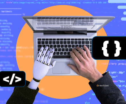 A robot hand and a human hand typing together on a laptop keyboard, with coding symbols and a blurred code background.