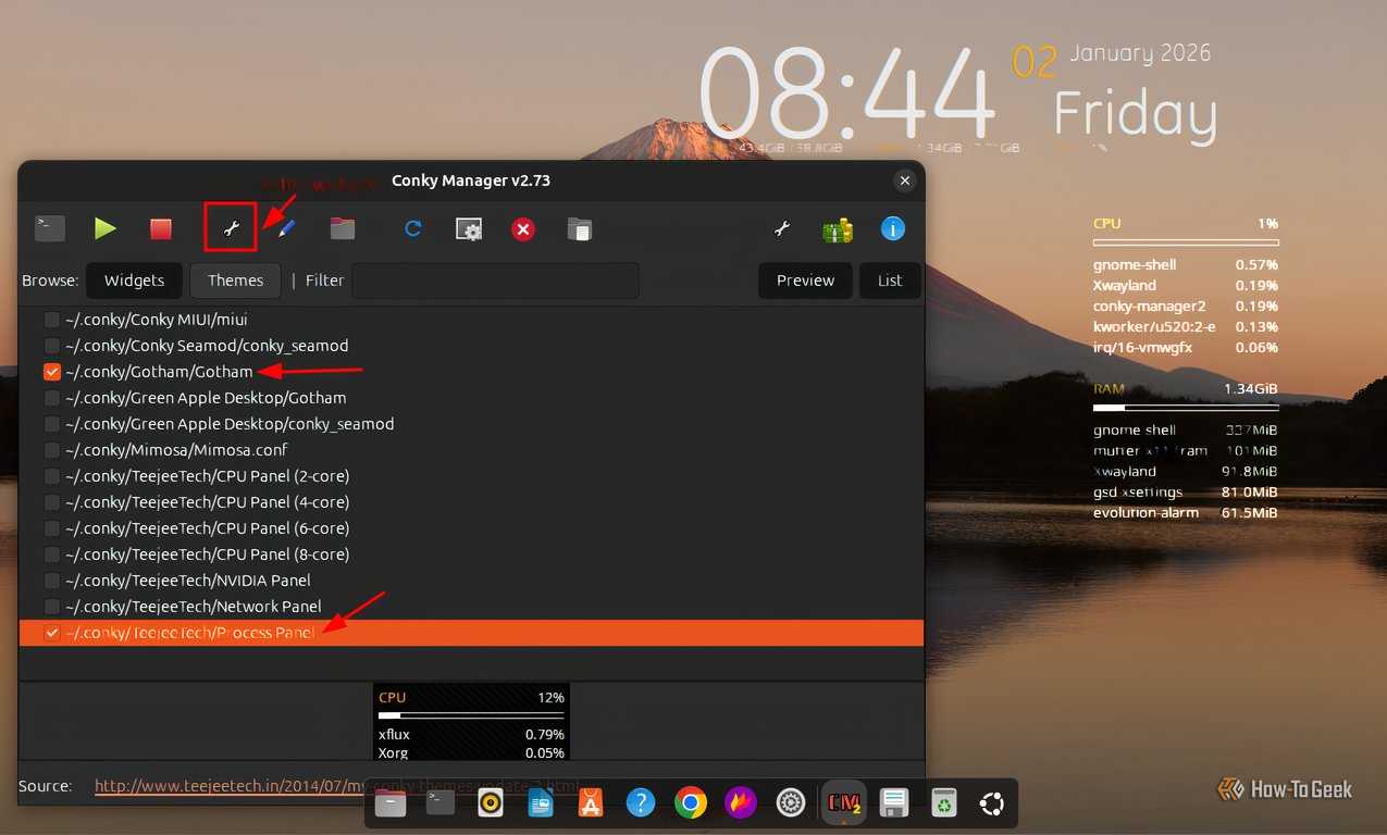 A screenshot showing how to customize Conky using the manager