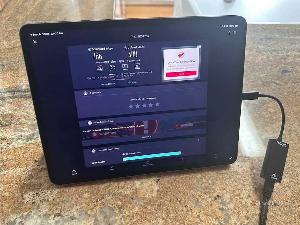 ইথারনেটের মাধ্যমে সংযুক্ত আইপ্যাডের জন্য গতি পরীক্ষার ফলাফল।
