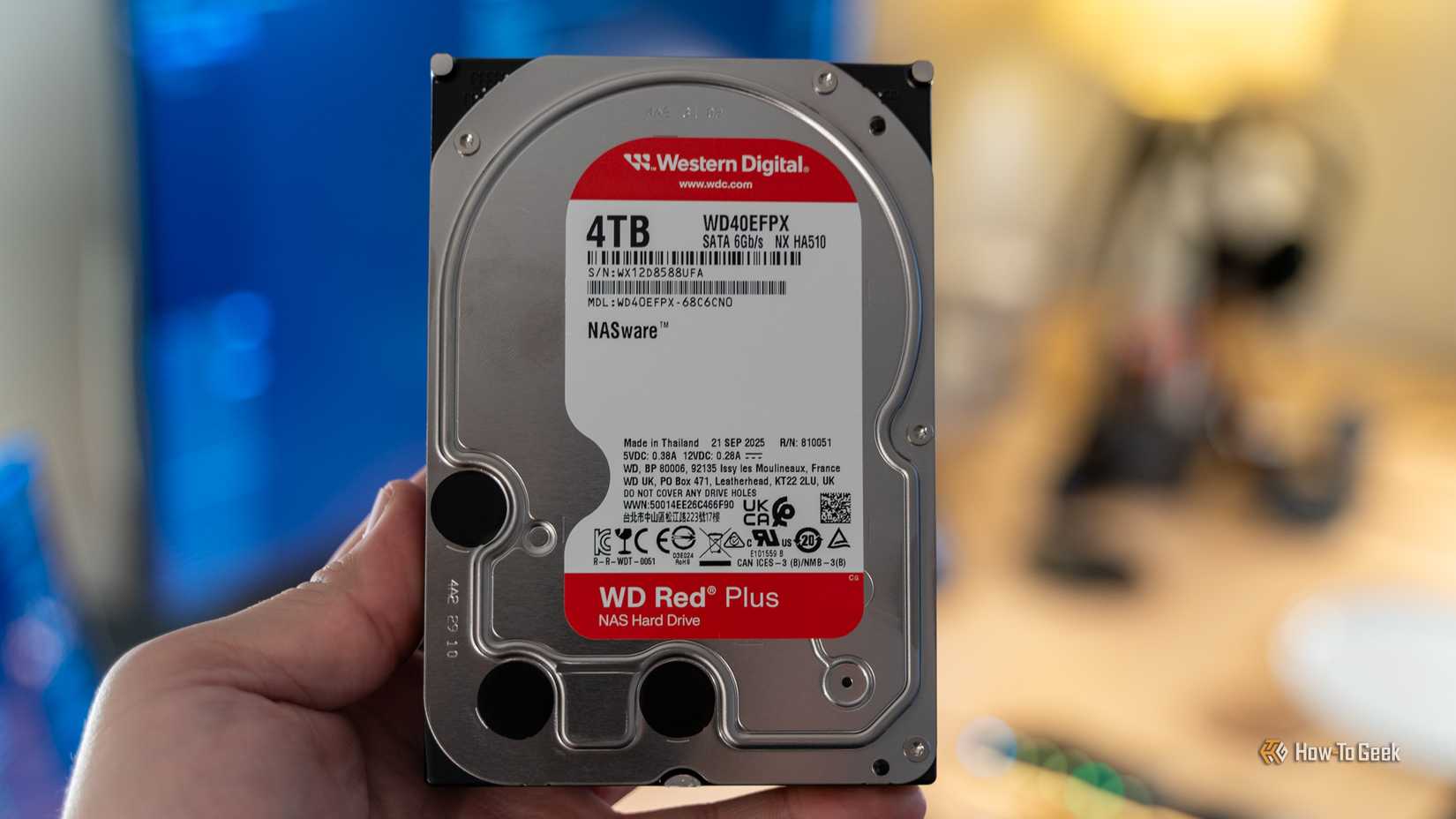 A person holding a Western Digital WD Red Plus 4TB NAS HDD.