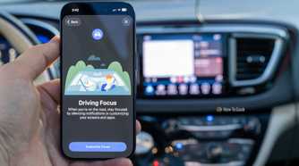 Do Not Disturb While Driving Focus mode shown on an iPhone 17 Pro with Android Auto in the background.