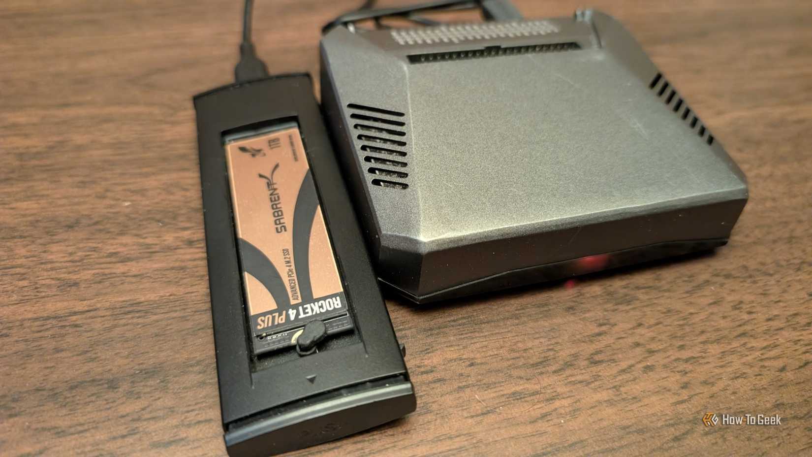 An SSD in a USB enclosure connected to a Raspberry Pi 4.