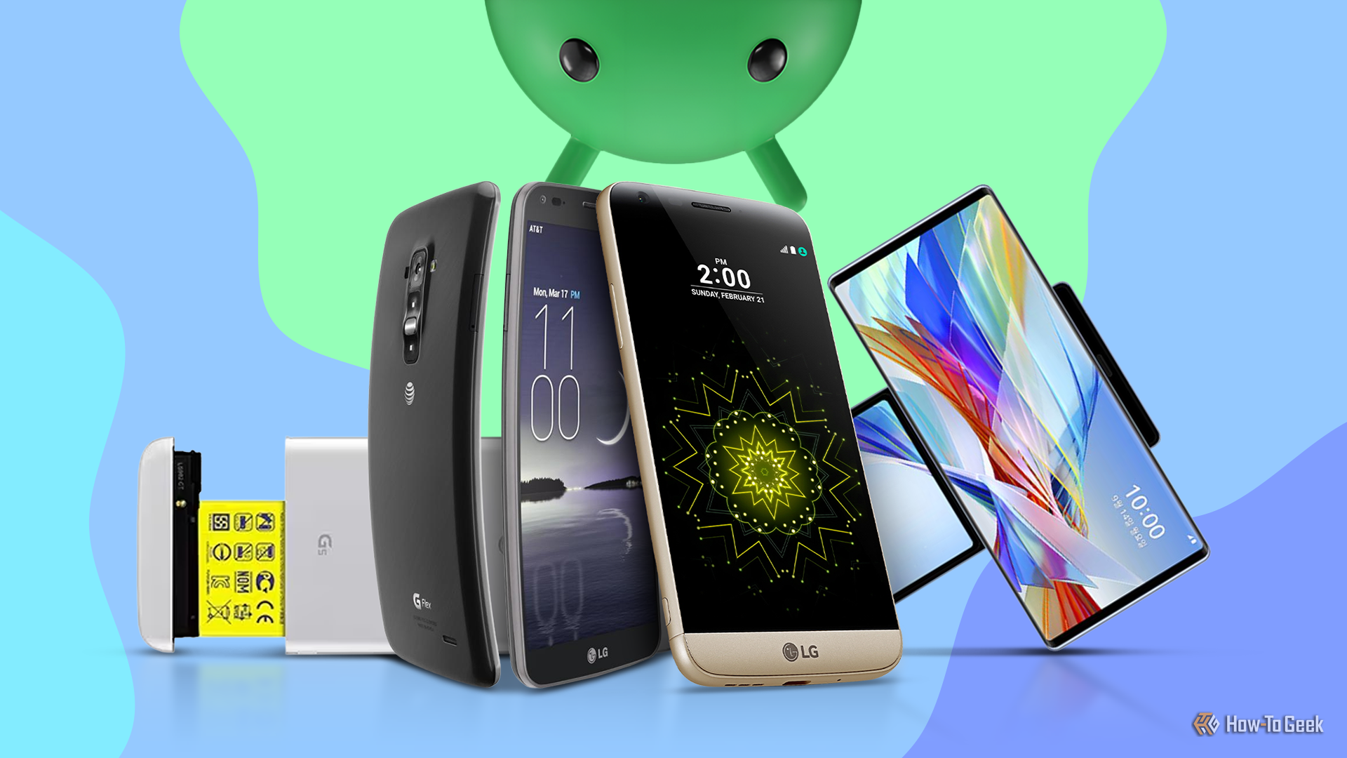Android mascot overseeing a lineup of unique LG smartphones.