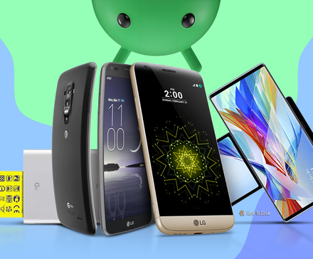 Android mascot overseeing a lineup of unique LG smartphones.