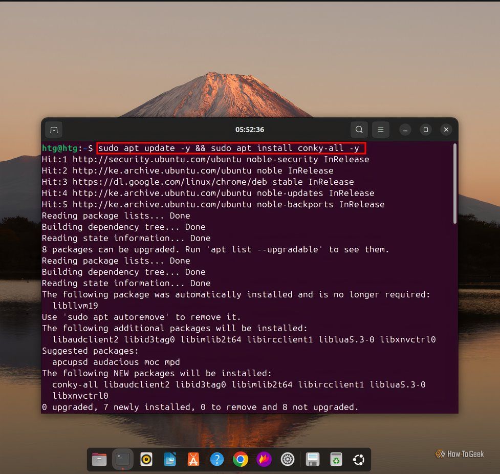Command to update the system and install conky on Ubuntu