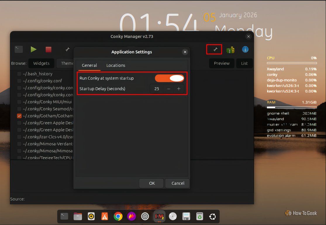 Conky Manager application settings to ensure desktop widgets run at startup