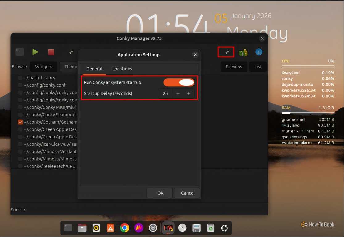 Conky Manager application settings to ensure desktop widgets run at startup