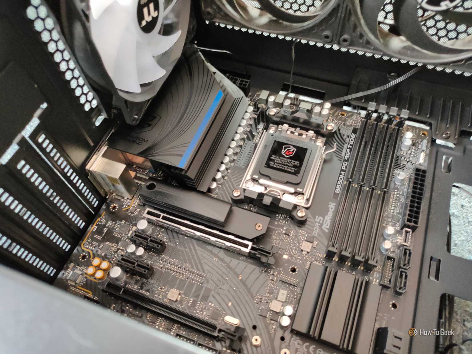 A motherboard with an NVMe heatsink.