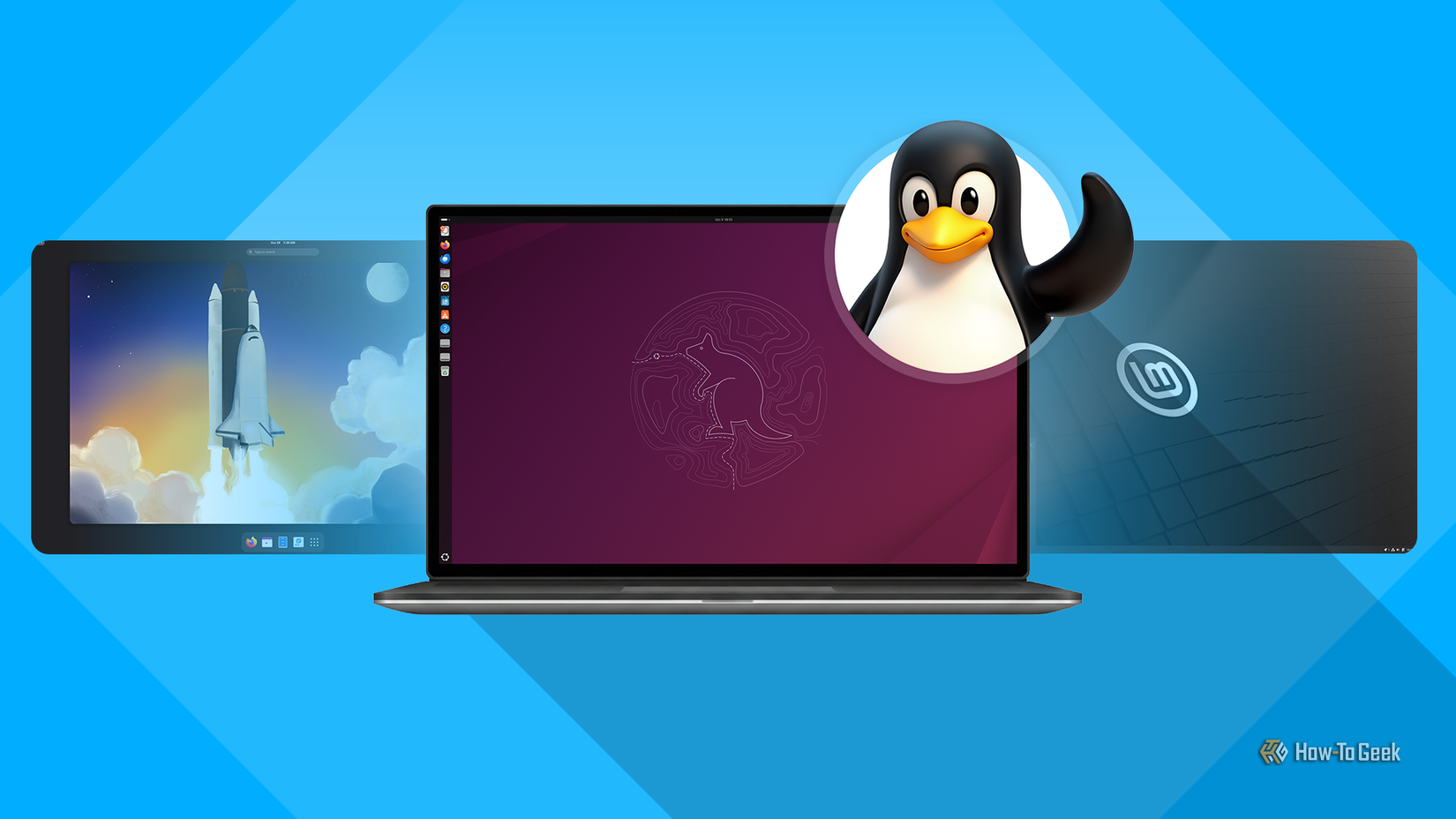 Laptop displaying Ubuntu desktop, flanked by Fedora and Linux Mint screens, with a smiling Tux penguin.