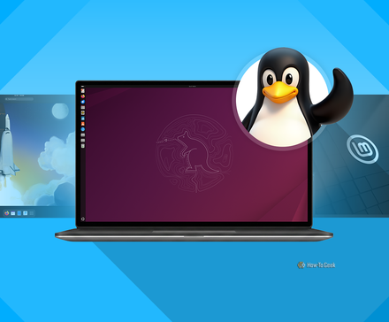 Laptop displaying Ubuntu desktop, flanked by Fedora and Linux Mint screens, with a smiling Tux penguin.