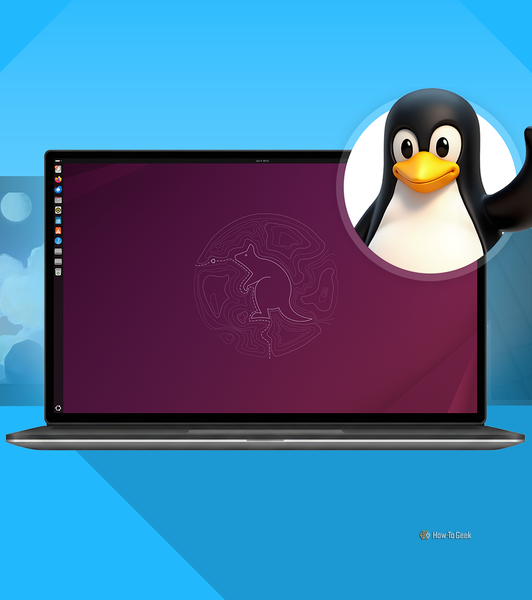 Laptop displaying Ubuntu desktop, flanked by Fedora and Linux Mint screens, with a smiling Tux penguin.