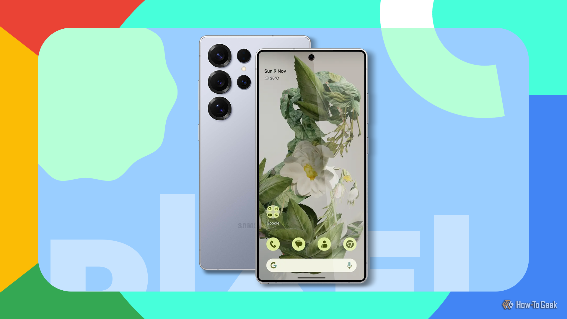 A Samsung Galaxy phone displaying a clean Google Pixel interface on a colorful geometric background.