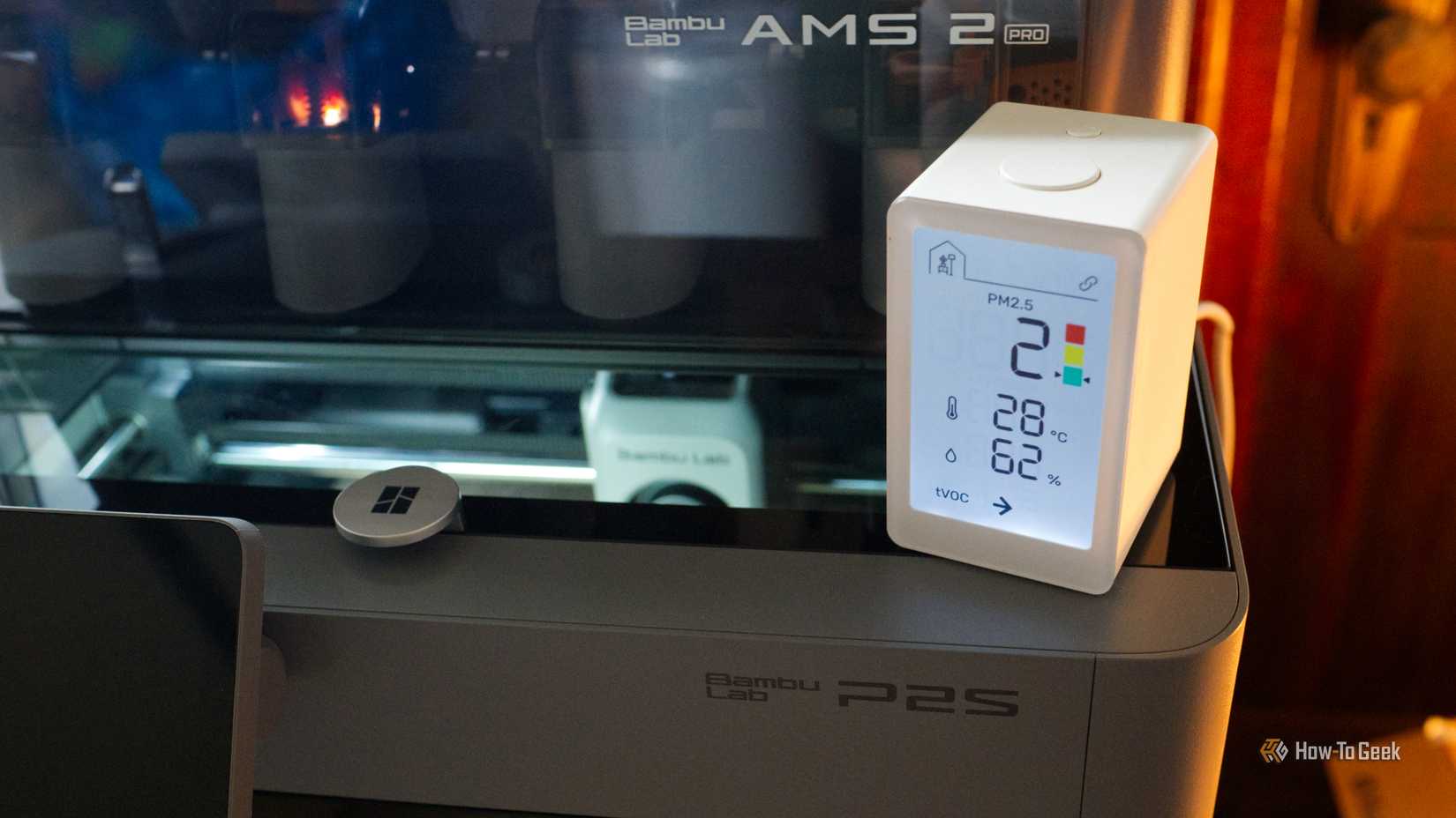 An IKEA air quality monitor on a Bambu Lab P2S 3D printer.