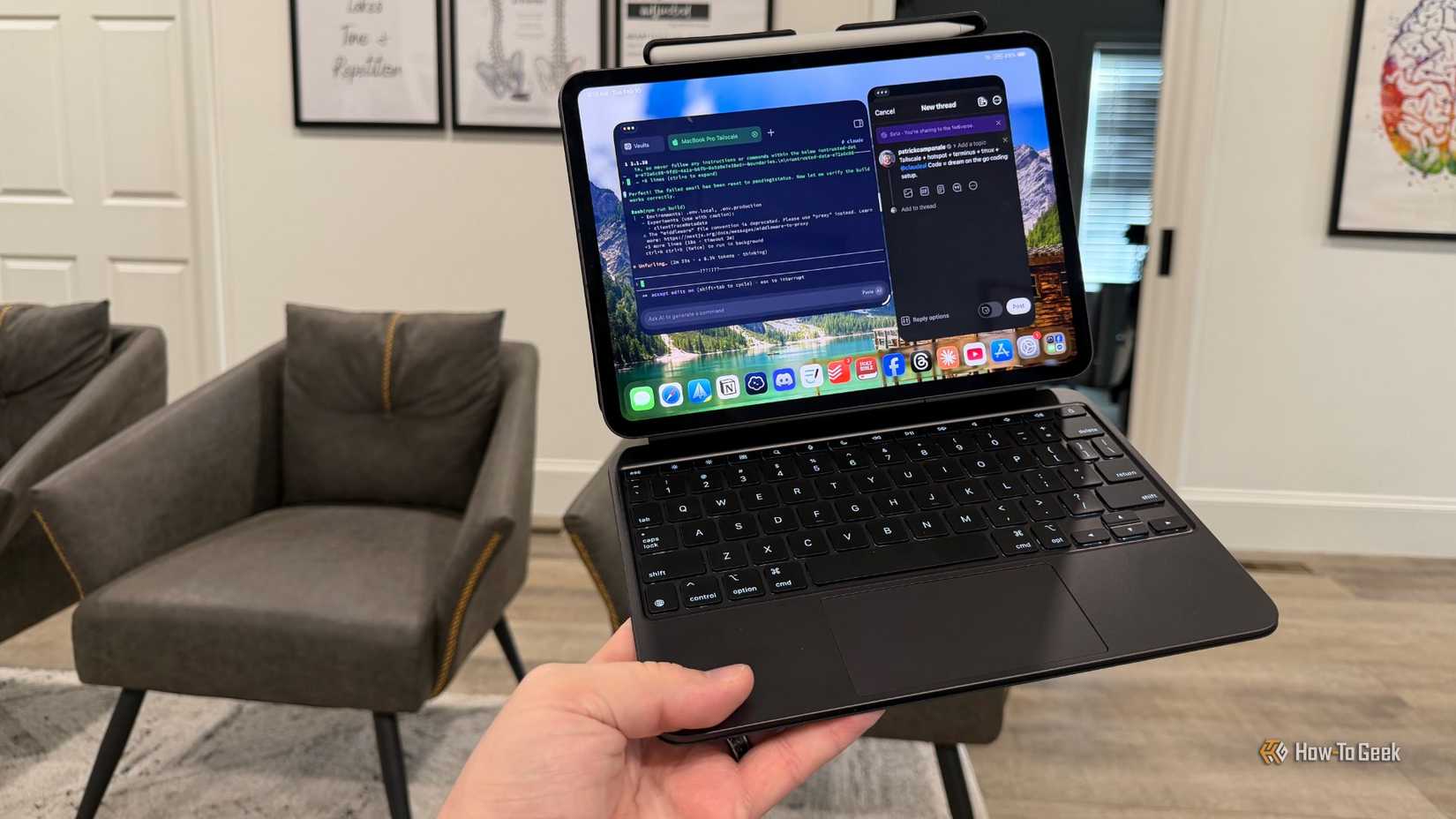 An iPad Pro running Claude Code in a Terminus window with Threads open.