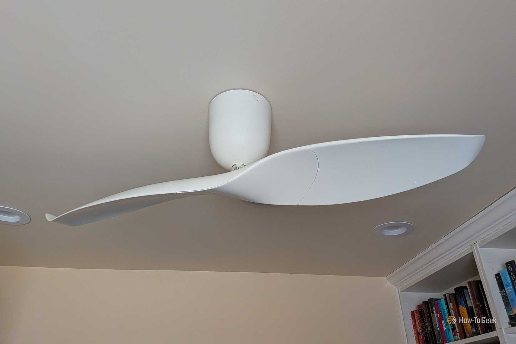 Ceiling fan on the ceiling with a bookshelf in the background.