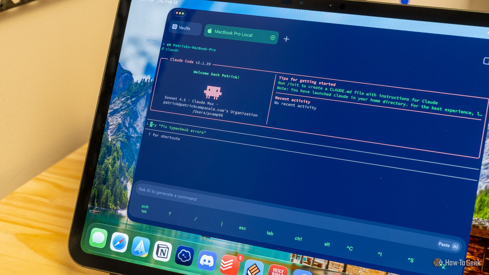 Close-up of the Claude Code welcome screen on an iPad connected to a Mac.