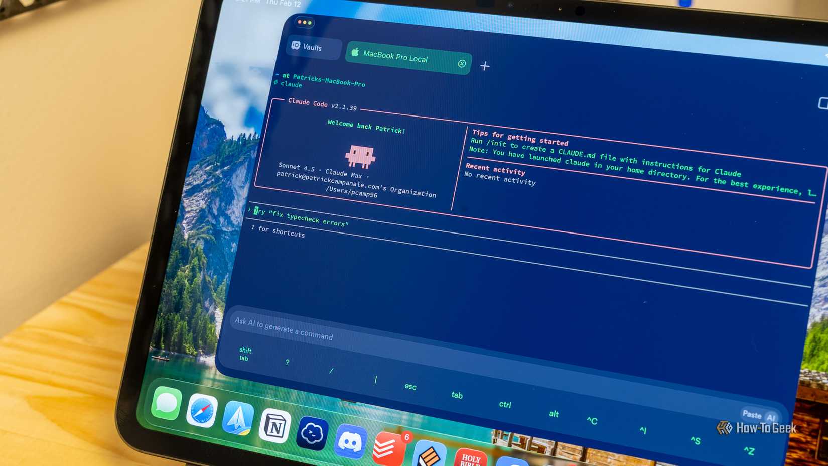 Close-up of the Claude Code welcome screen on an iPad connected to a Mac.