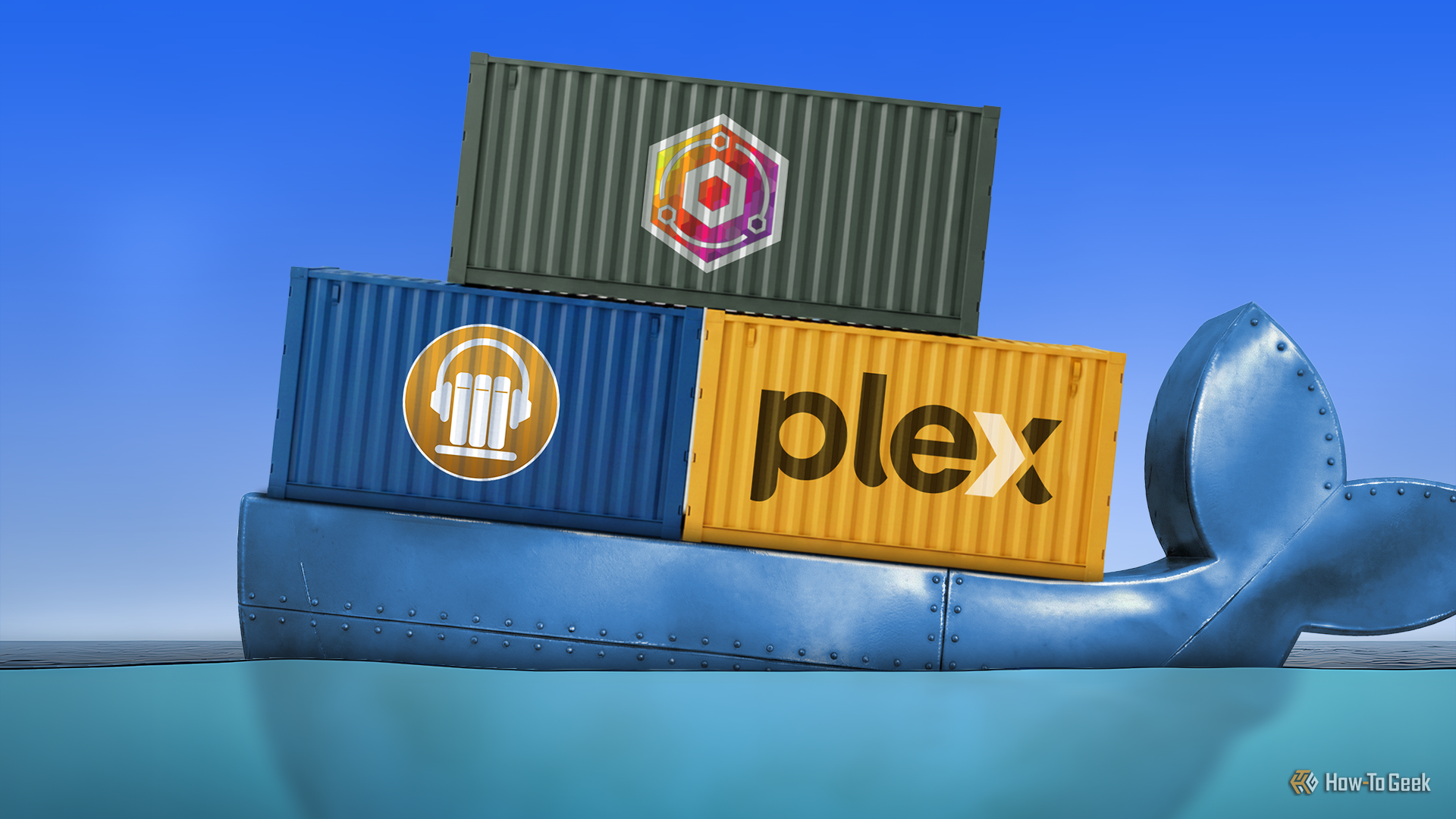 Docker whale carrying shipping containers with Plex, Audiobookshelf and vNginx Proxy Manager logos.