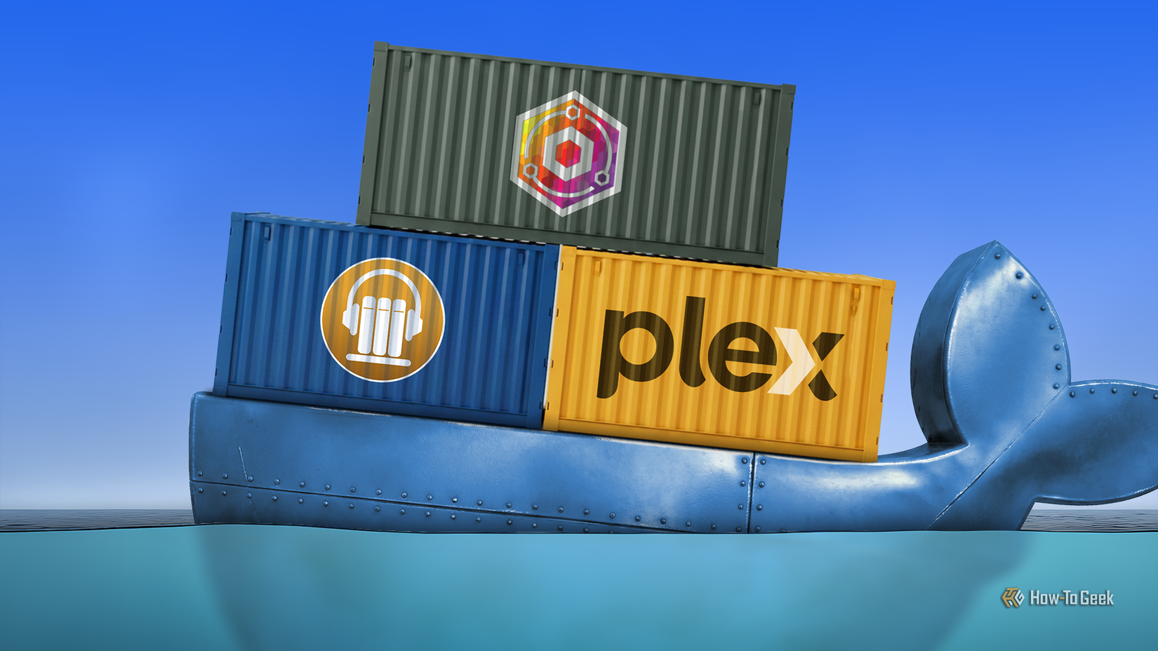 Docker whale carrying shipping containers with Plex, Audiobookshelf and vNginx Proxy Manager logos.