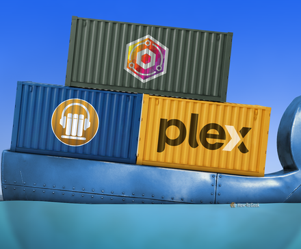 Docker whale carrying shipping containers with Plex, Audiobookshelf and vNginx Proxy Manager logos.