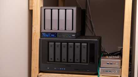 Front view of the six-bay Ugreen NAS stacked with a four-bay enclosure.