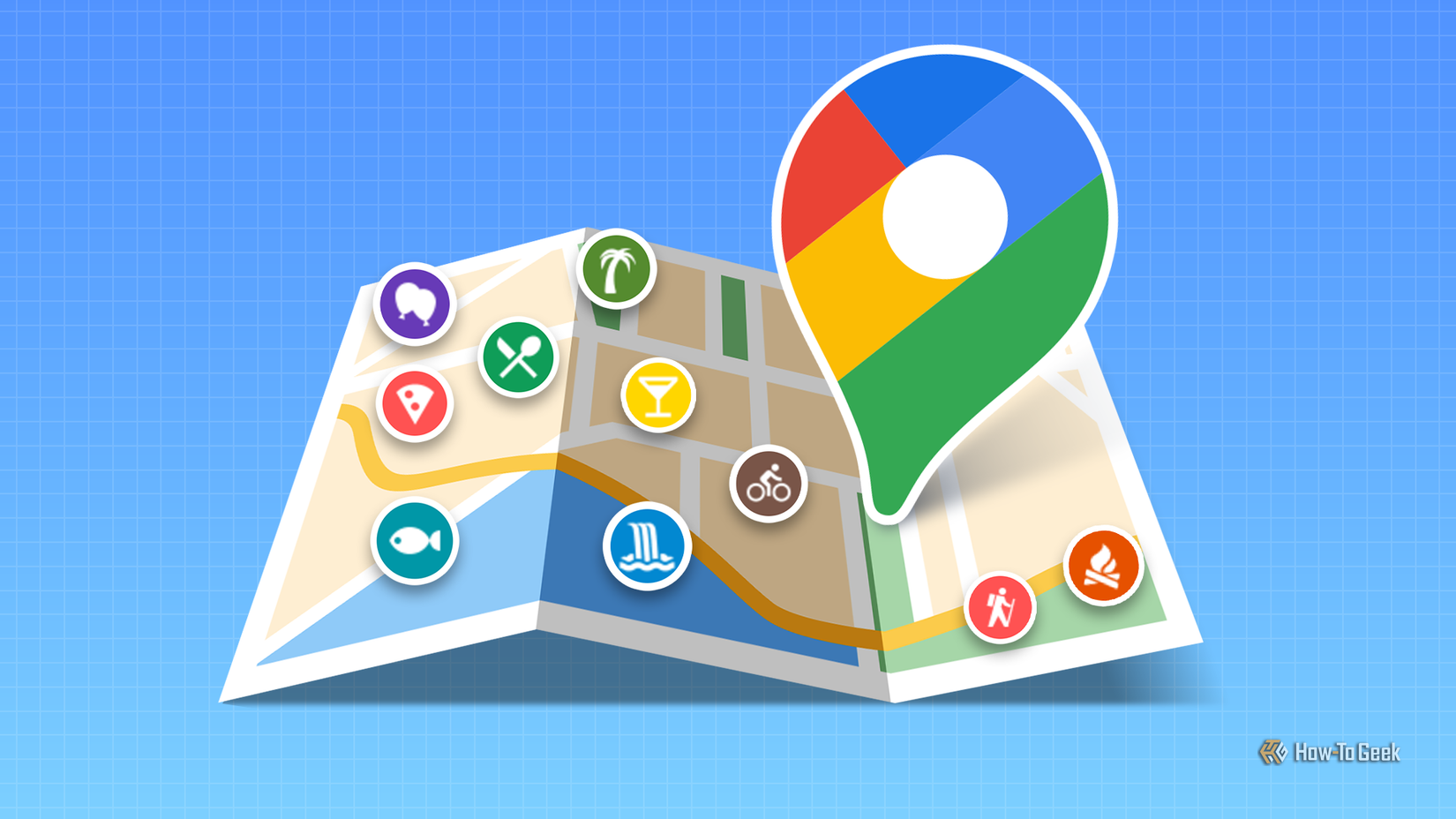 折り畳まれた地図上の Google マップのロゴ ピンと、カラフルな場所とアクティビティのアイコン。