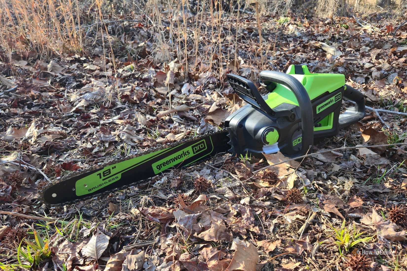 Greenworks 60V 18-inch battery chainsaw in a bed of leaves.