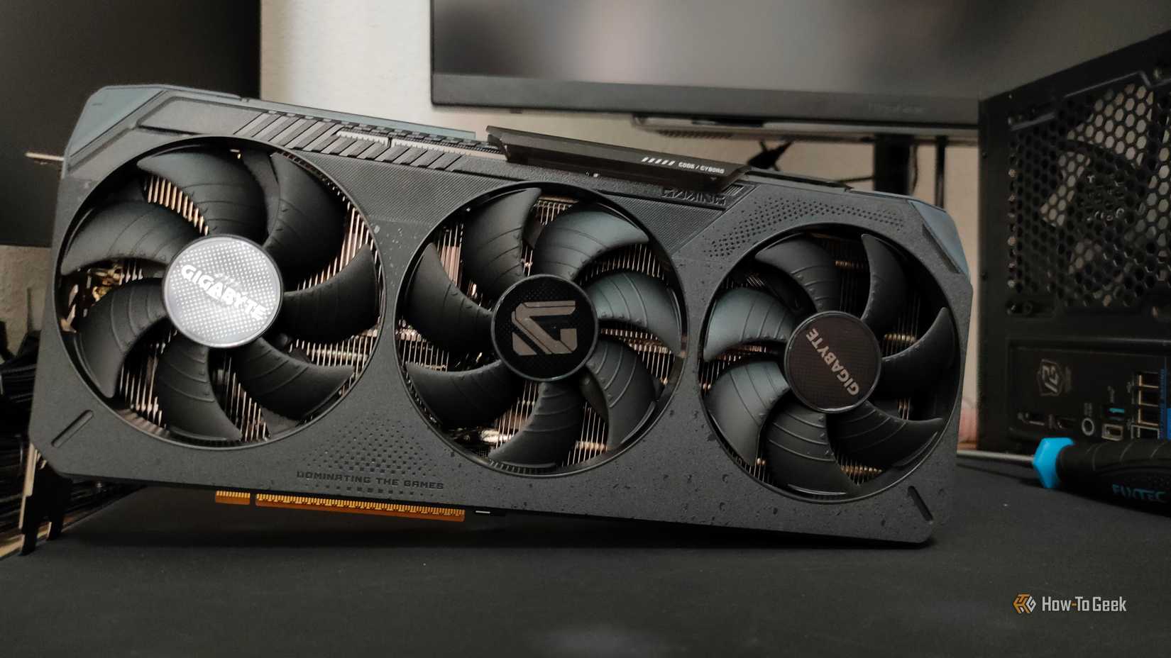 An AMD RX 9070 XT Gigabyte gaming graphics card.