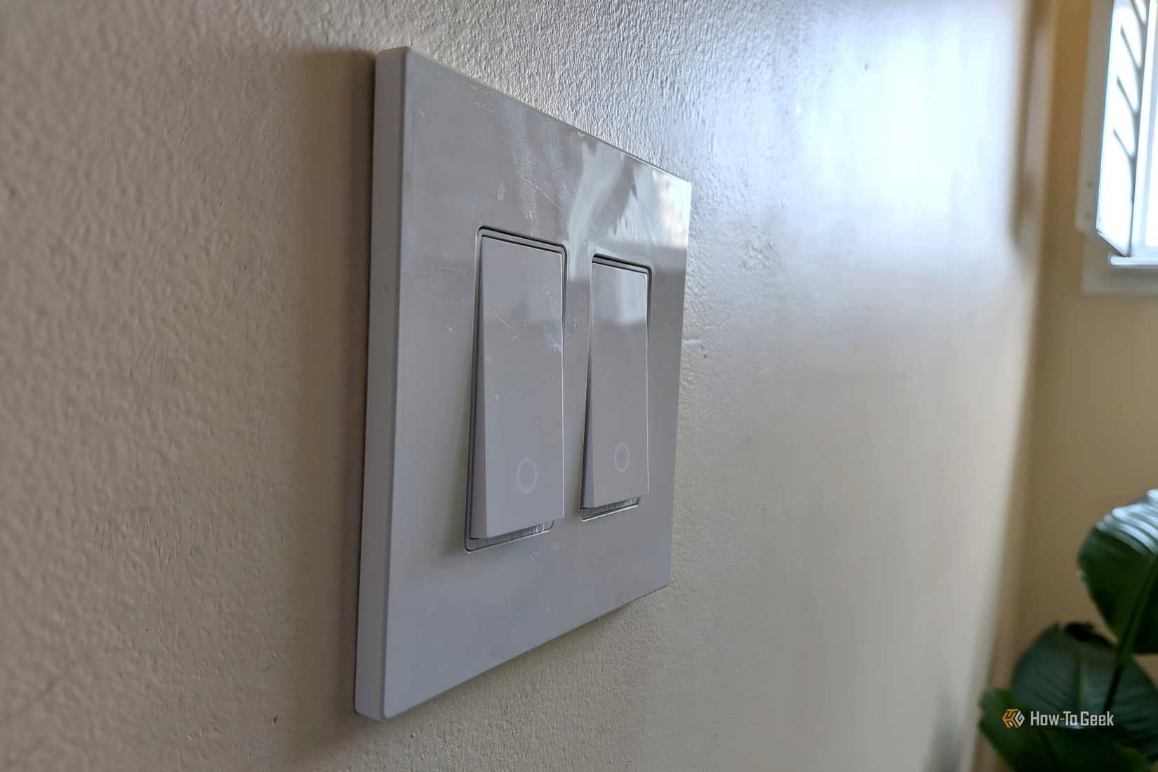 Light switches on a wall with a plant and window in the background.