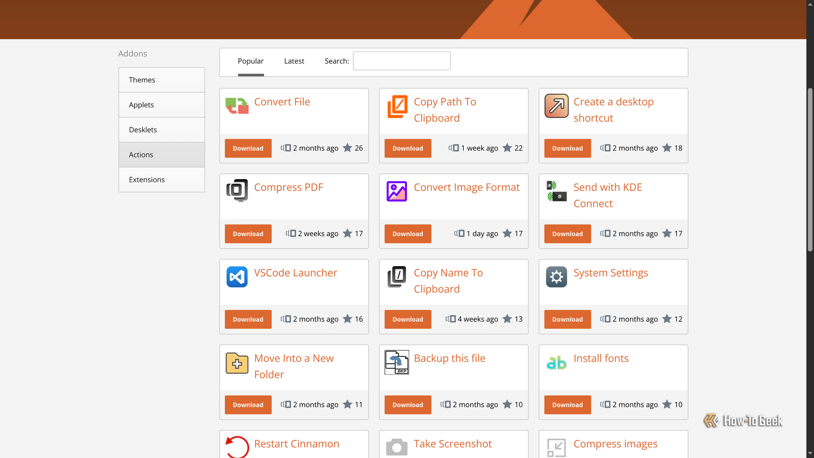 Linux Mint Cinnamon Spices website in the Actions section.