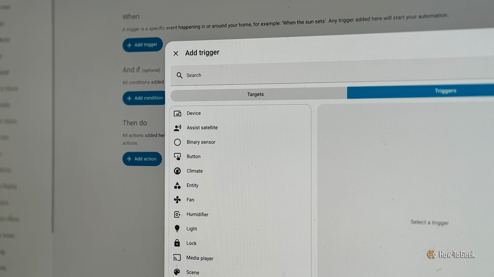 The add trigger screen in the automation editor in Home Assistant.