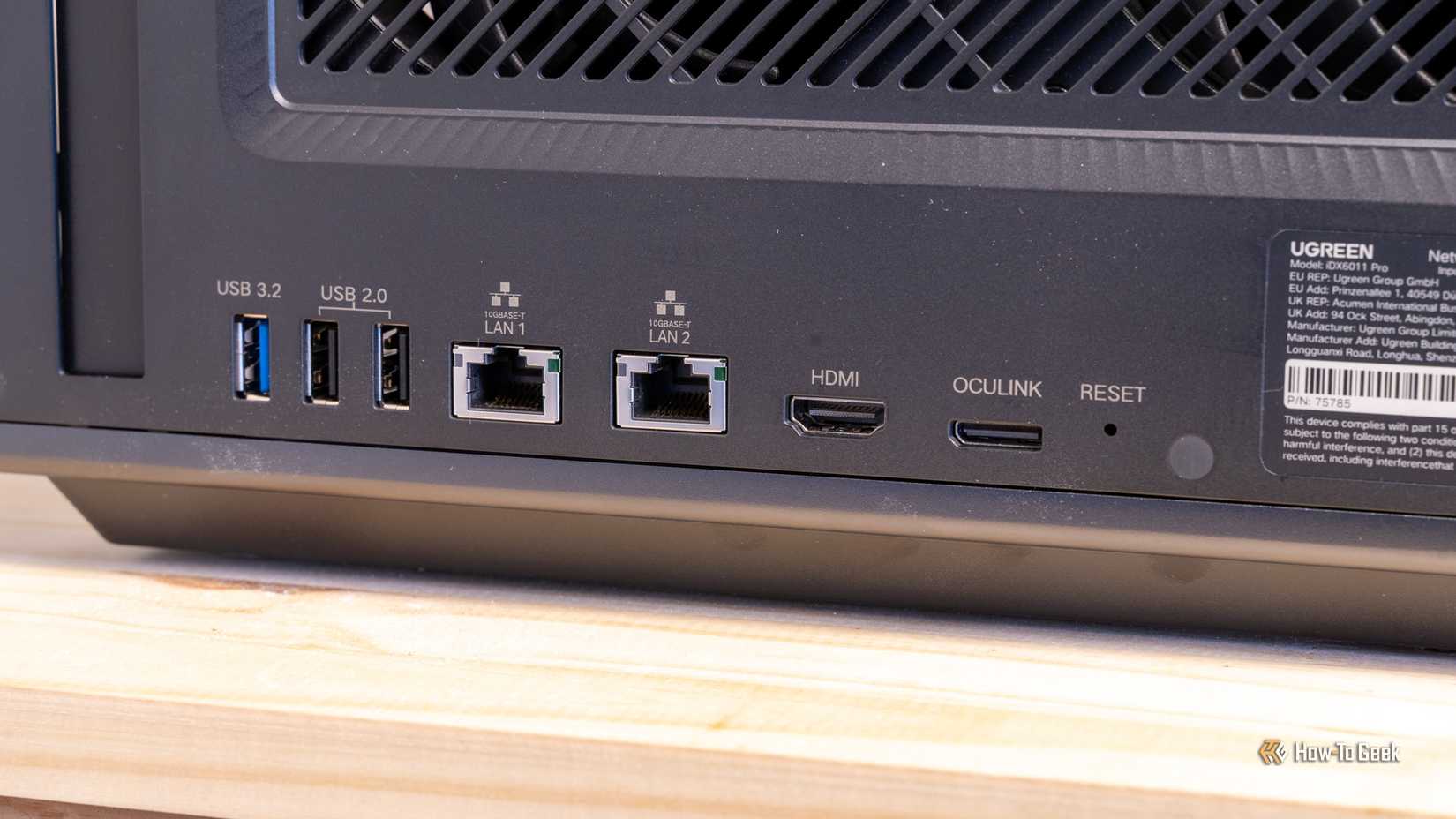 The rear I/O panel of the Ugreen iDX6011 Pro NAS showing USB, dual 10GbE LAN, HDMI, and OCuLink ports.