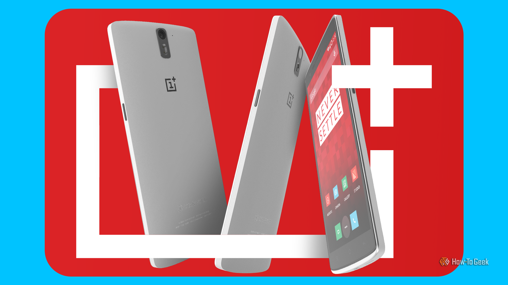 Three OnePlus One smartphones arranged within a large white OnePlus logo on a red background.