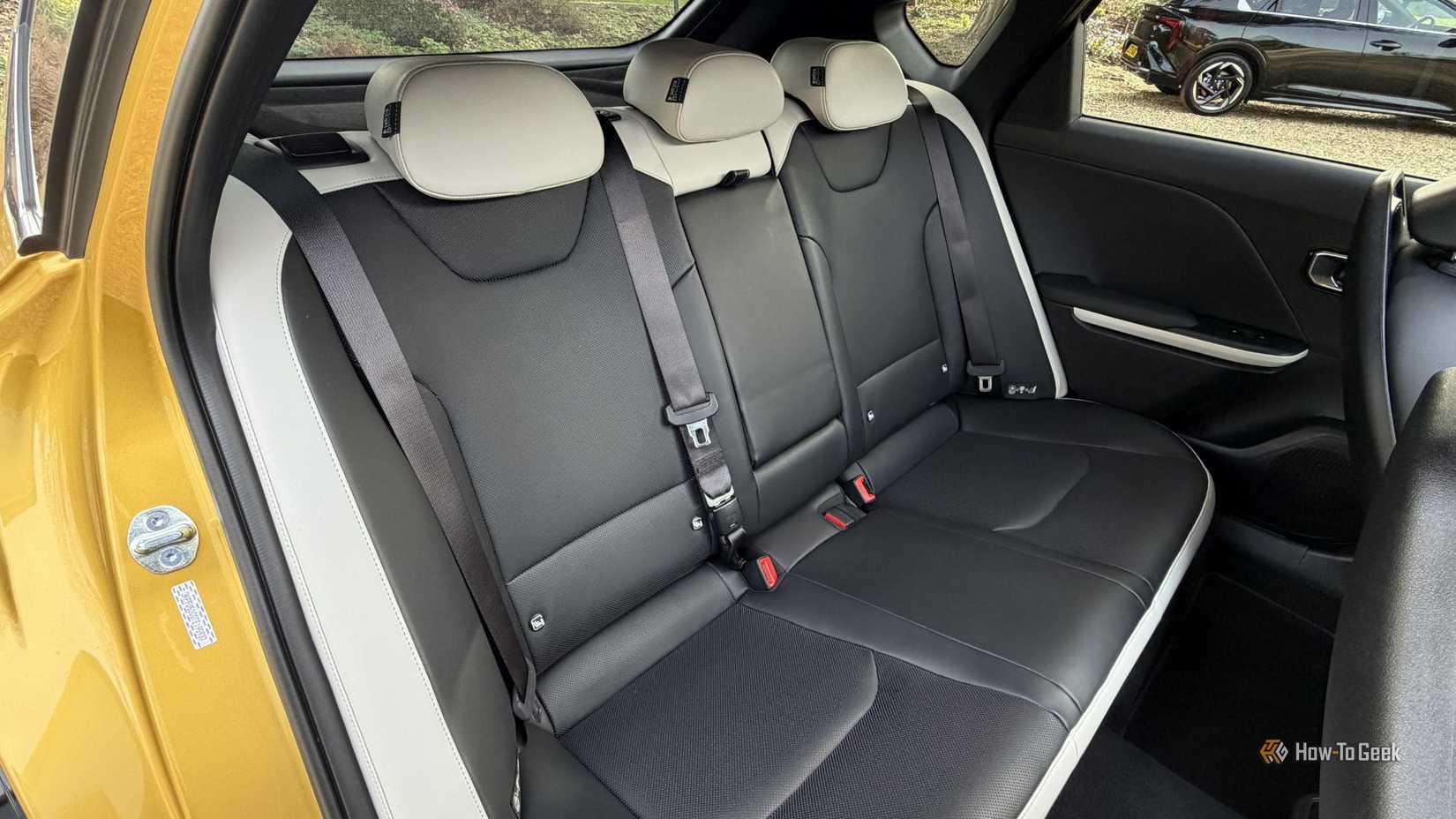 Shot of the black and white leather seats in a 2026 Kia K4 Hatchback.