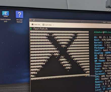 A desktop PC with MX Linux running and Fastfetch showing the MX Logo.
