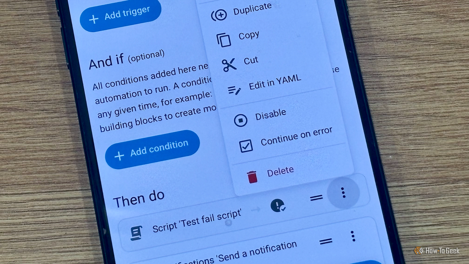 Home Assistantのオートメーションエディタで「Continue on Error」が選択された画面