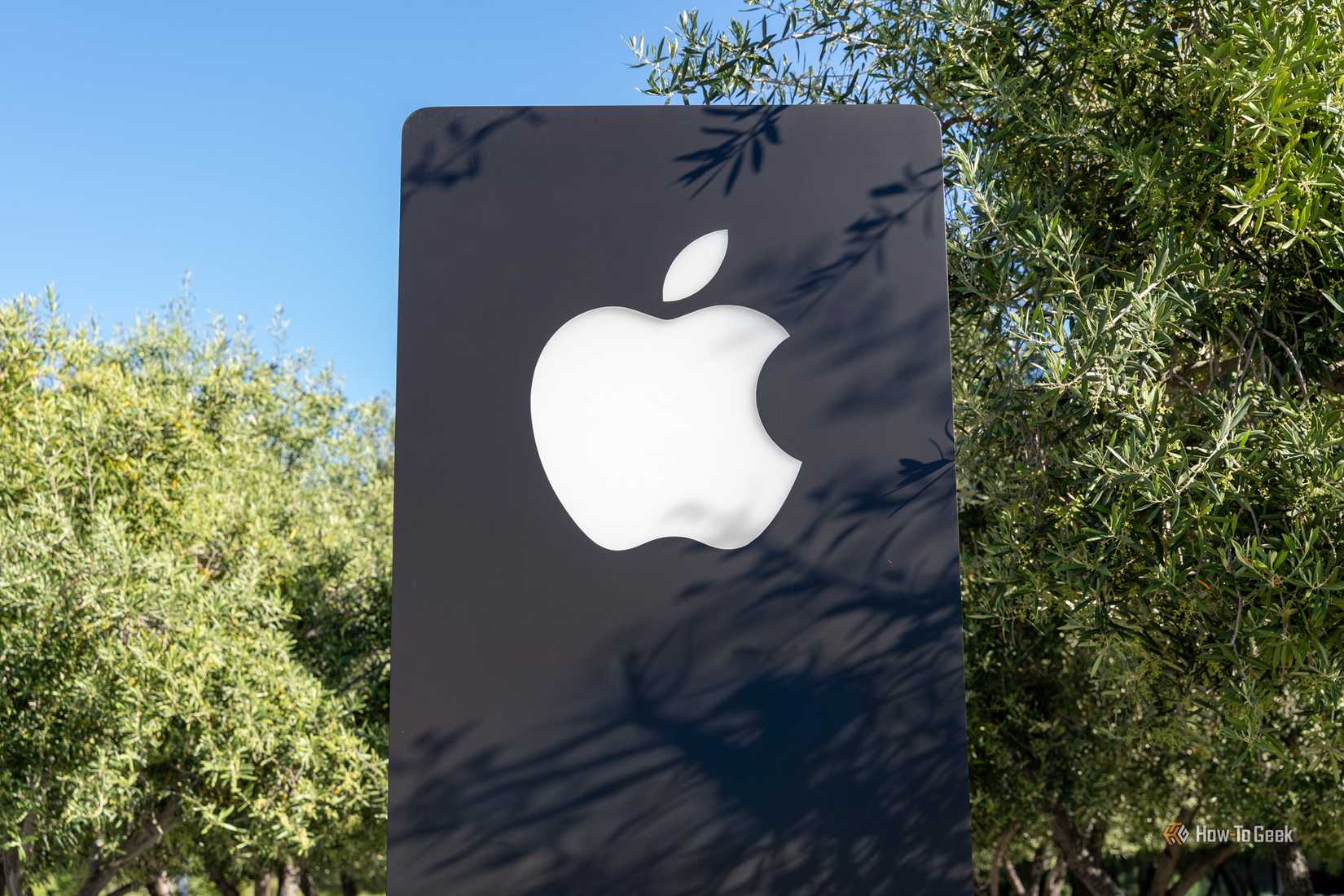 An outdoor Apple logo sign surrounded by trees.