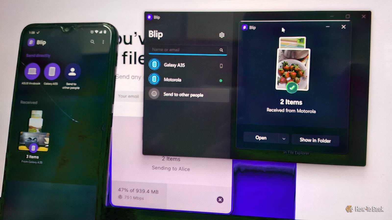 BlipのAndroidアプリとWindowsアプリが並んでファイル共有している様子