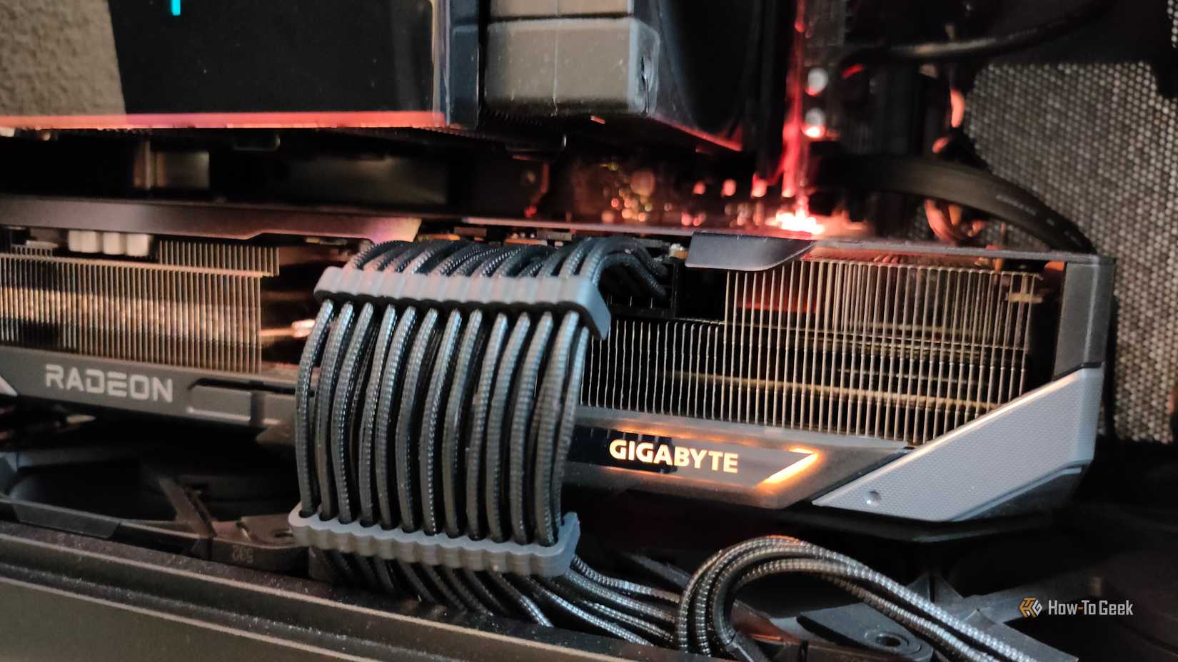 Closeup of graphics card in ITX case