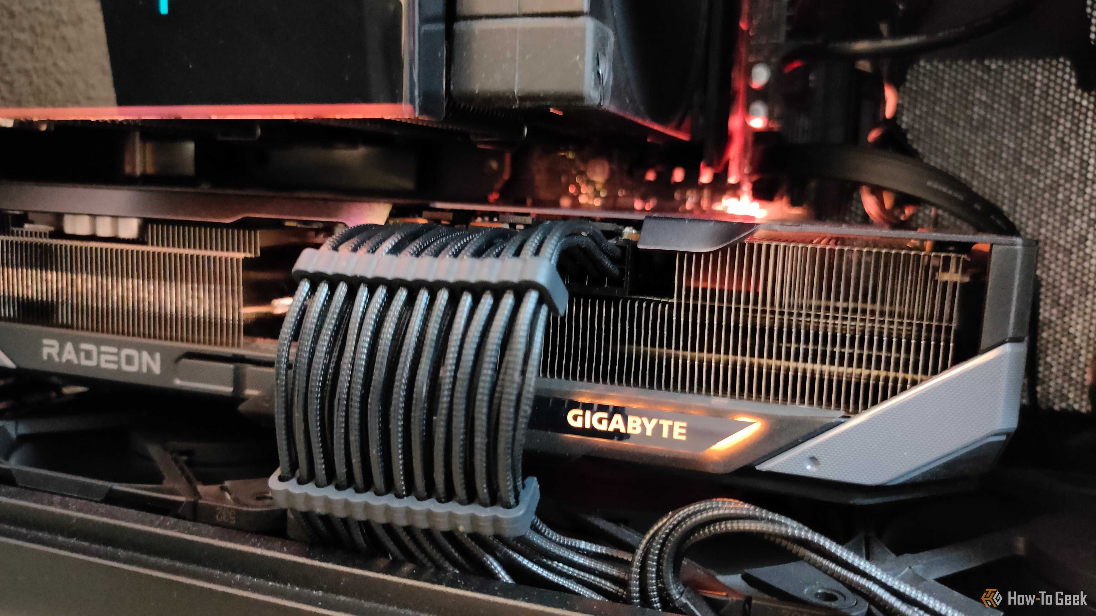 A closeup of graphics card in an ITX case.
