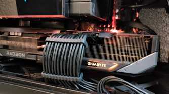 A closeup of graphics card in an ITX case.