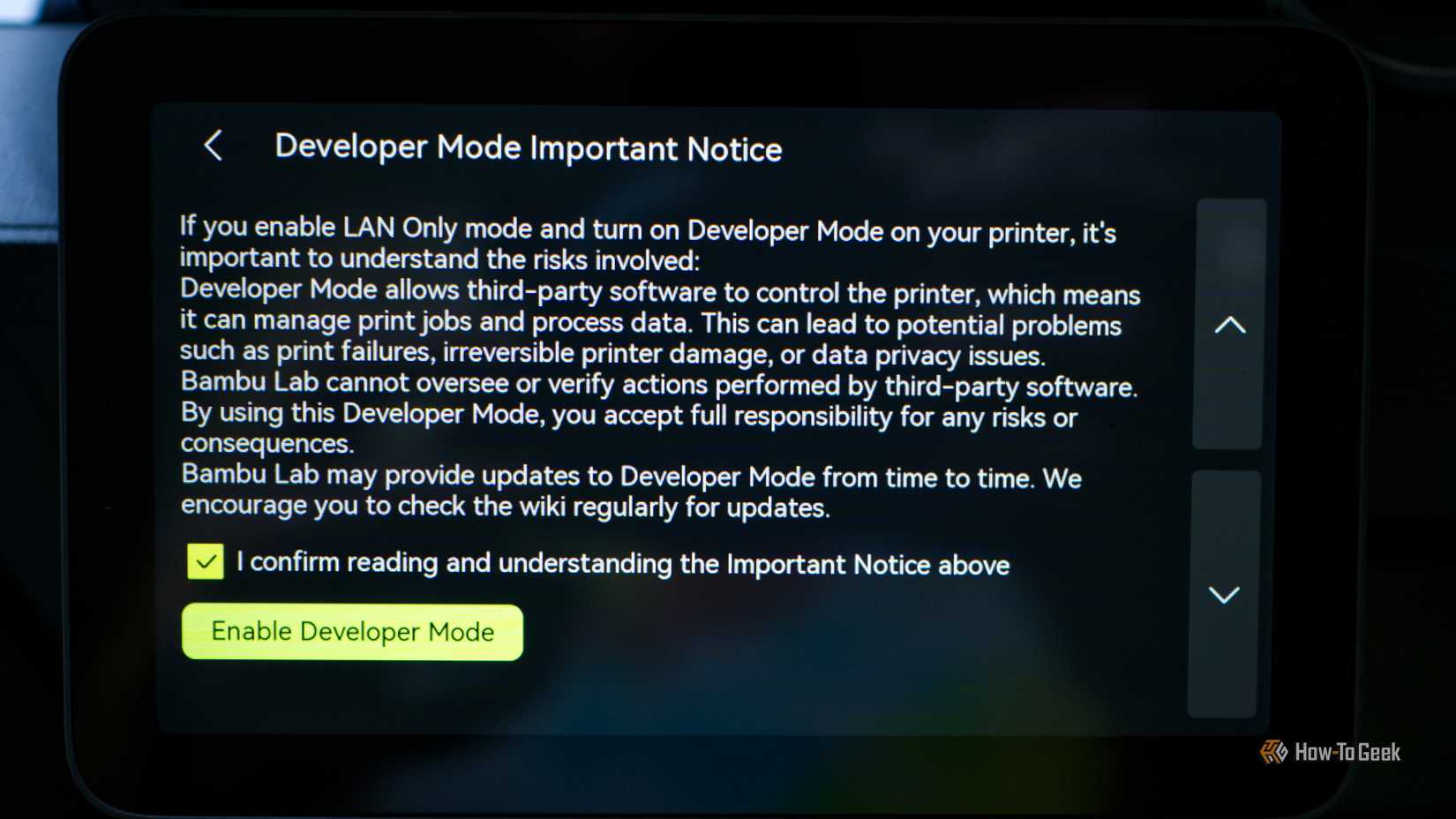 Developer mode notice on a Bambu Lab printer.