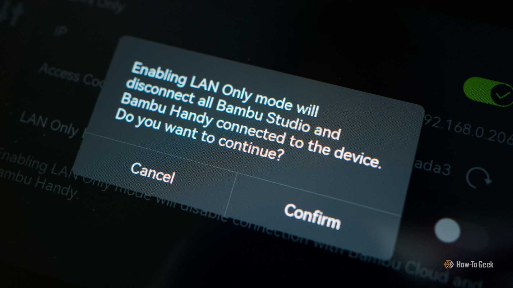 Enabling LAN-only mode on a Bambu Lab printer.
