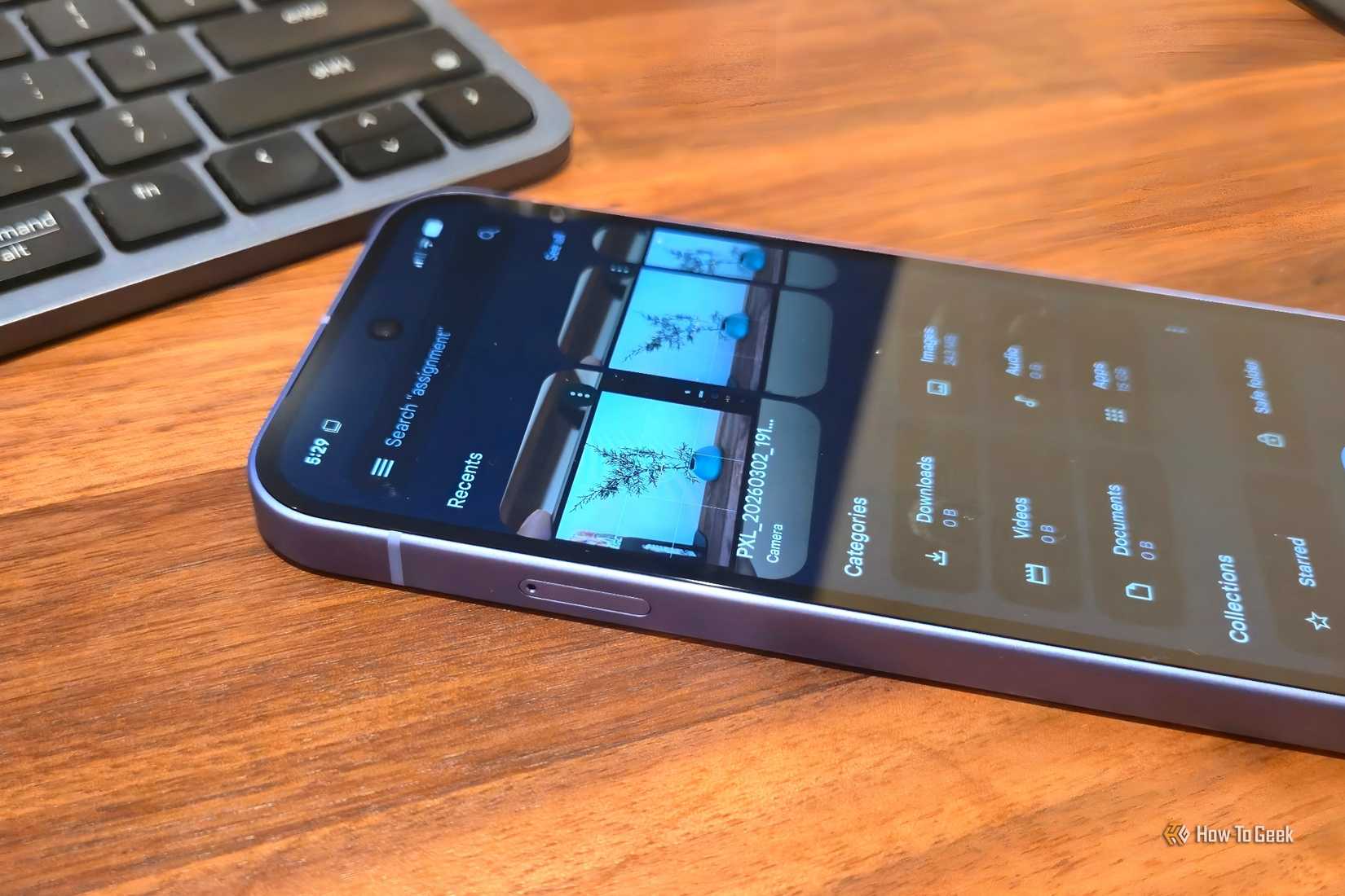 Files By Google file manager on a Google Pixel 10a next to a keyboard.