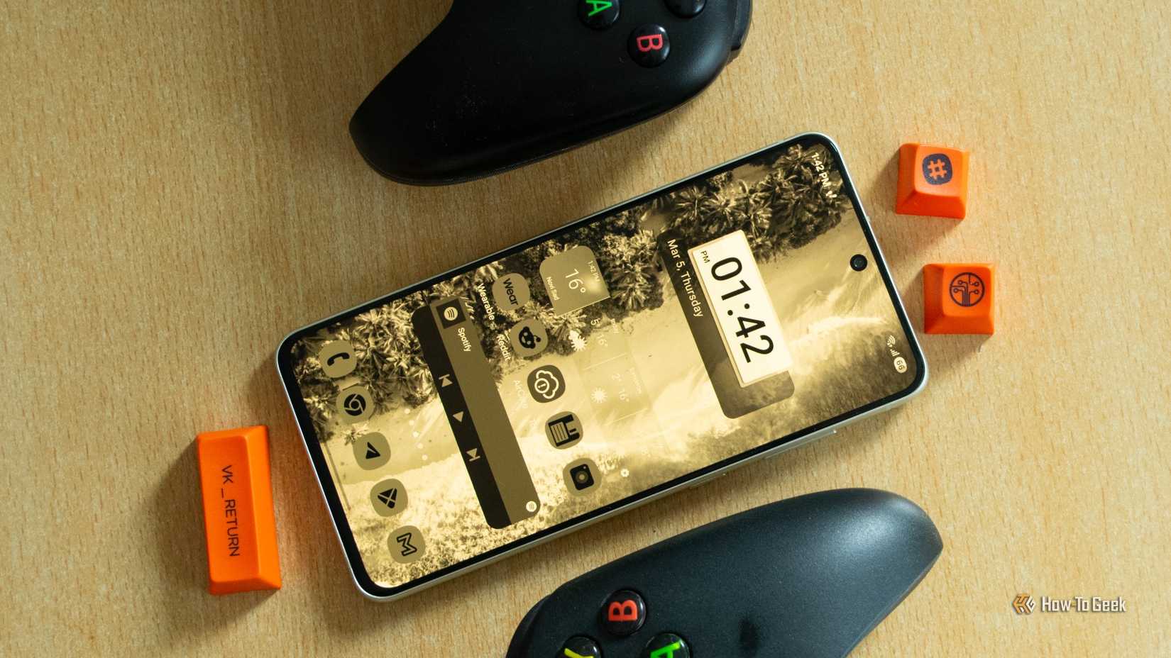 A Samsung Galaxy phone with grayscale mode active. 