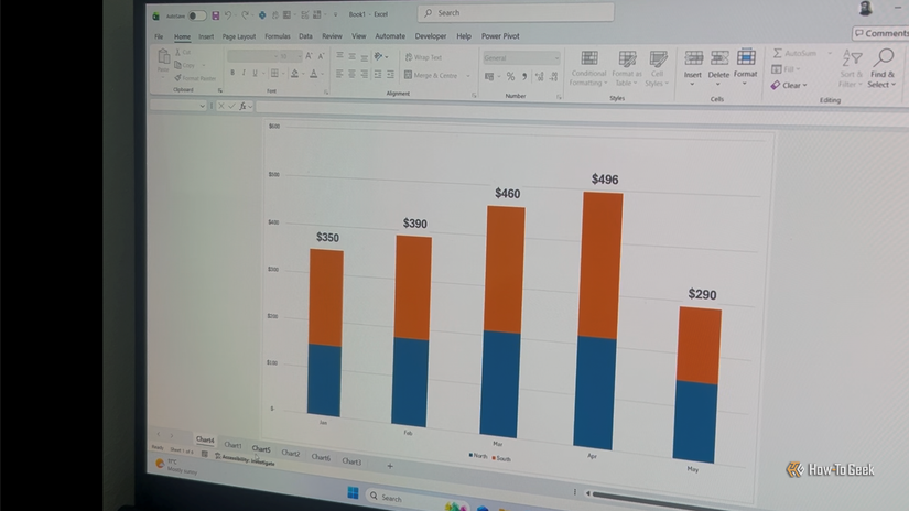 Écran d'ordinateur portable affichant un histogramme empilé dans Excel avec des totaux généraux flottant au-dessus des colonnes.