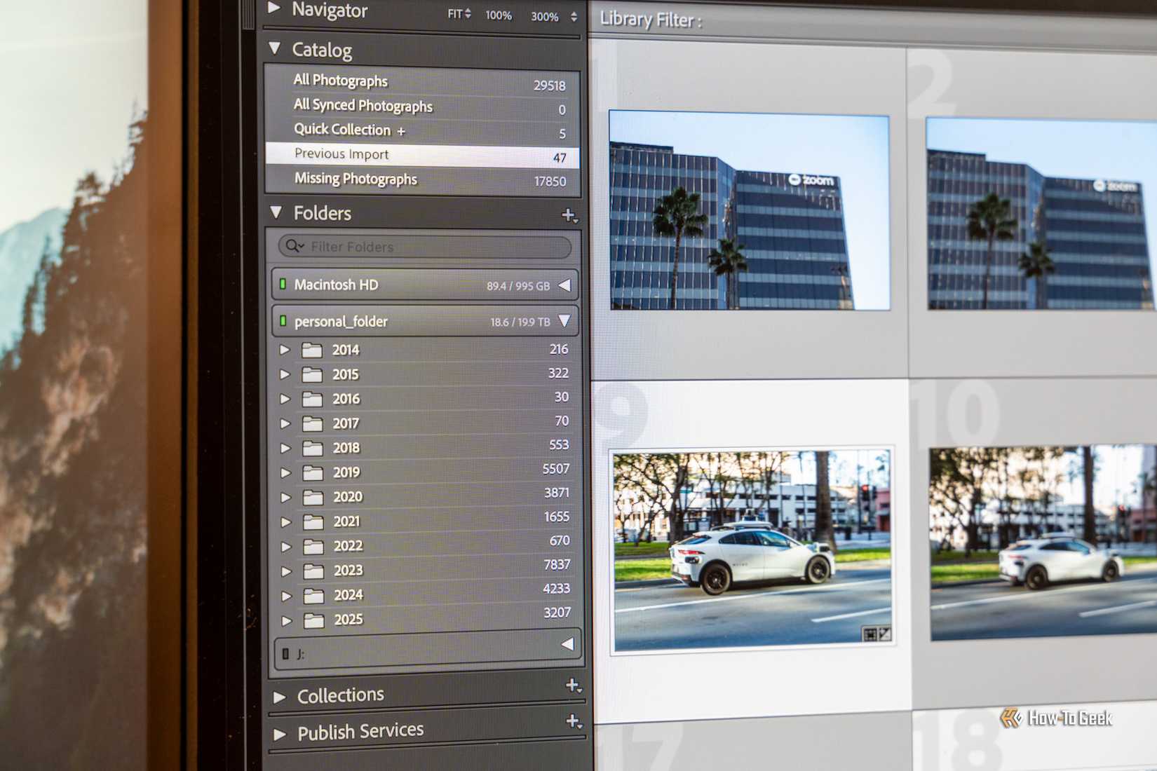 Lightroom Classic showing multiple folders mounted from an external storage server.