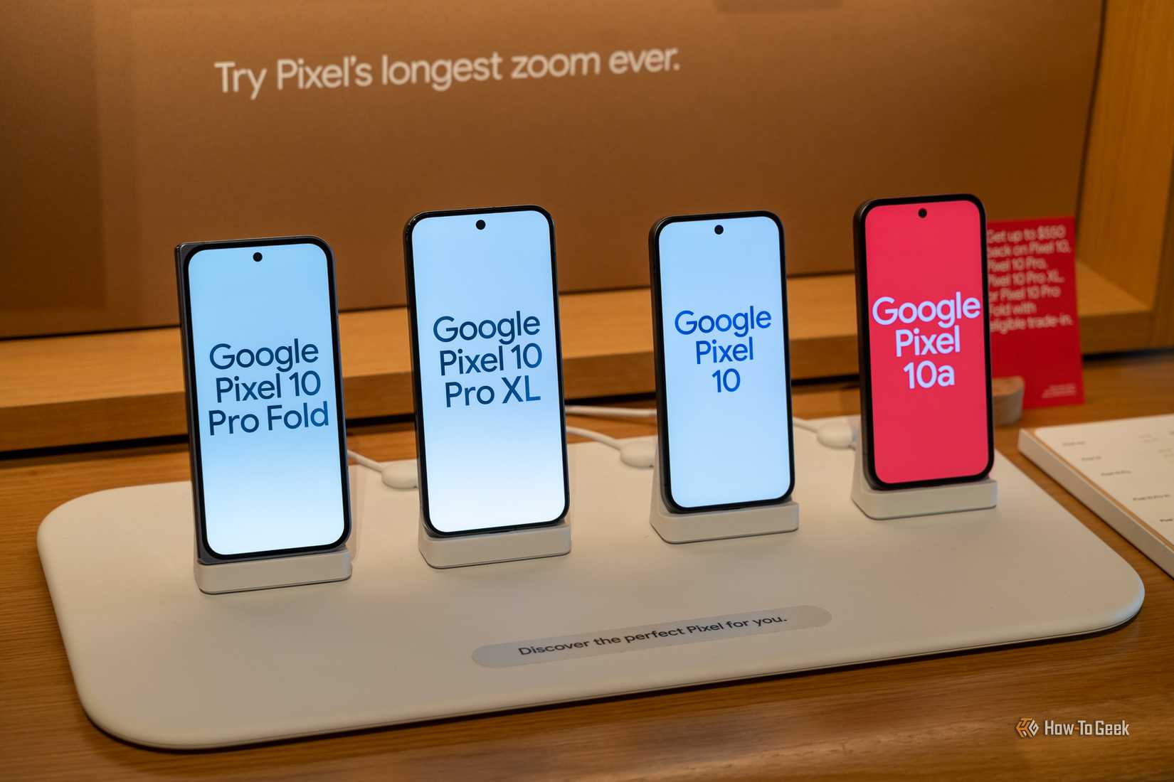 The Google Pixel 10 lineup on display including the Pixel 10 Pro Fold, Pixel 10 Pro XL, Pixel 10, and Pixel 10a.