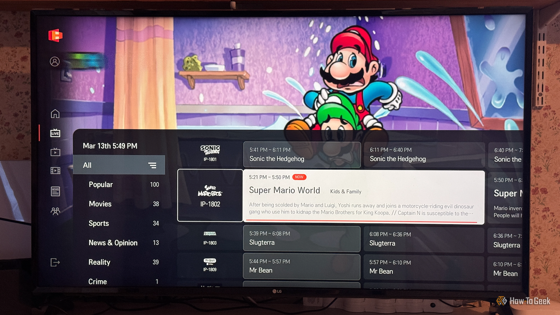 The Super Mario Bros channel in LG Channels on an LG TV.