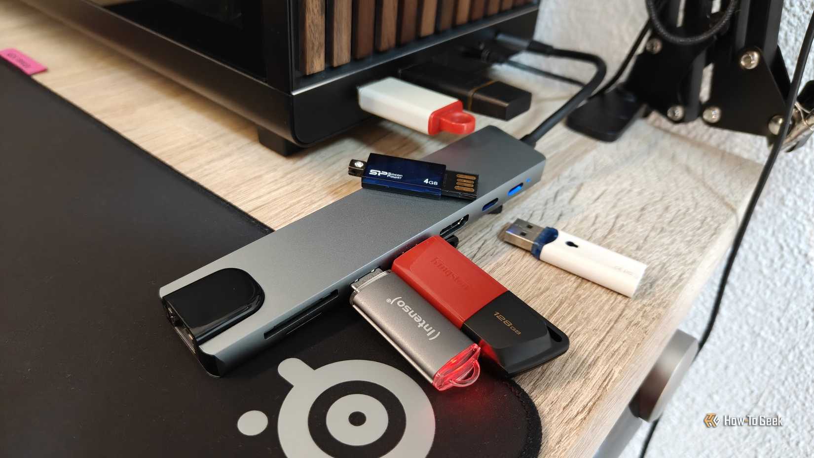 USB flash drives plugged into a USB hub.
